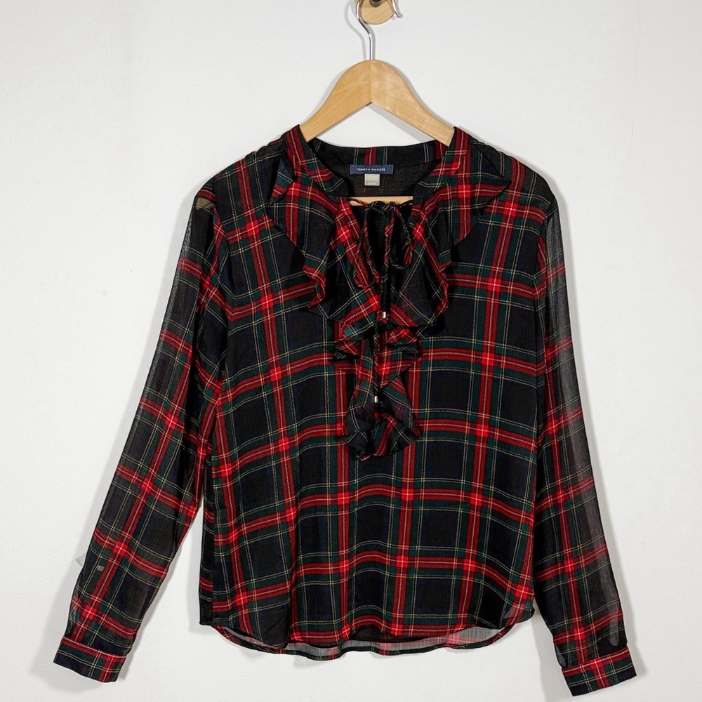 Tommy Hilfiger Tartan Plaid Ruffle Tie Neck Blouse Holiday Preppy Women’s M‎